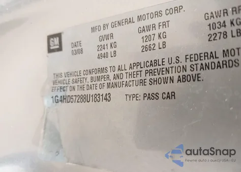 2008 Buick Lucerne Cxl from USA, damaged, VIN 1G4HD57288U183143